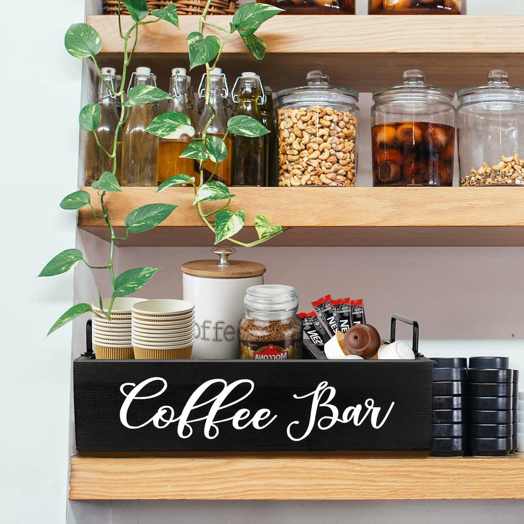Coffee Station Organizer Wooden Coffee Bar Holder Accessories for Countertop, Farmhouse Kcup Pod Storage Basket with Handle - Black