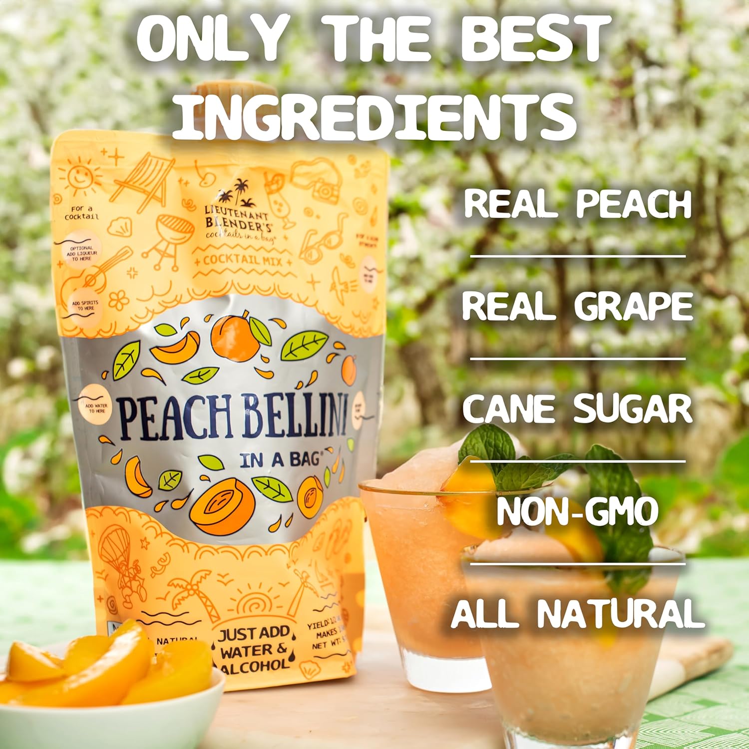 Lt. Blender's Peach Bellini in a Bag - Wine Slushie Mixes - Each Bag Makes 1/2 Gallon of Frozen Peach Bellini Mix – Non-GMO Wine Freezer mix - Make with Wine, Liquor or as a Mocktail - (Pack of 4)