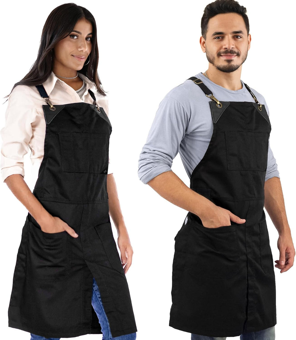 Under NY Sky Cross-Back Deep Black Apron - Durable Twill with Leather Reinforcement and Split-Leg - Adjustable for Men and Women - Pro Chef, Tattoo, Baker, Barista, Bartender, Stylist, Server Aprons