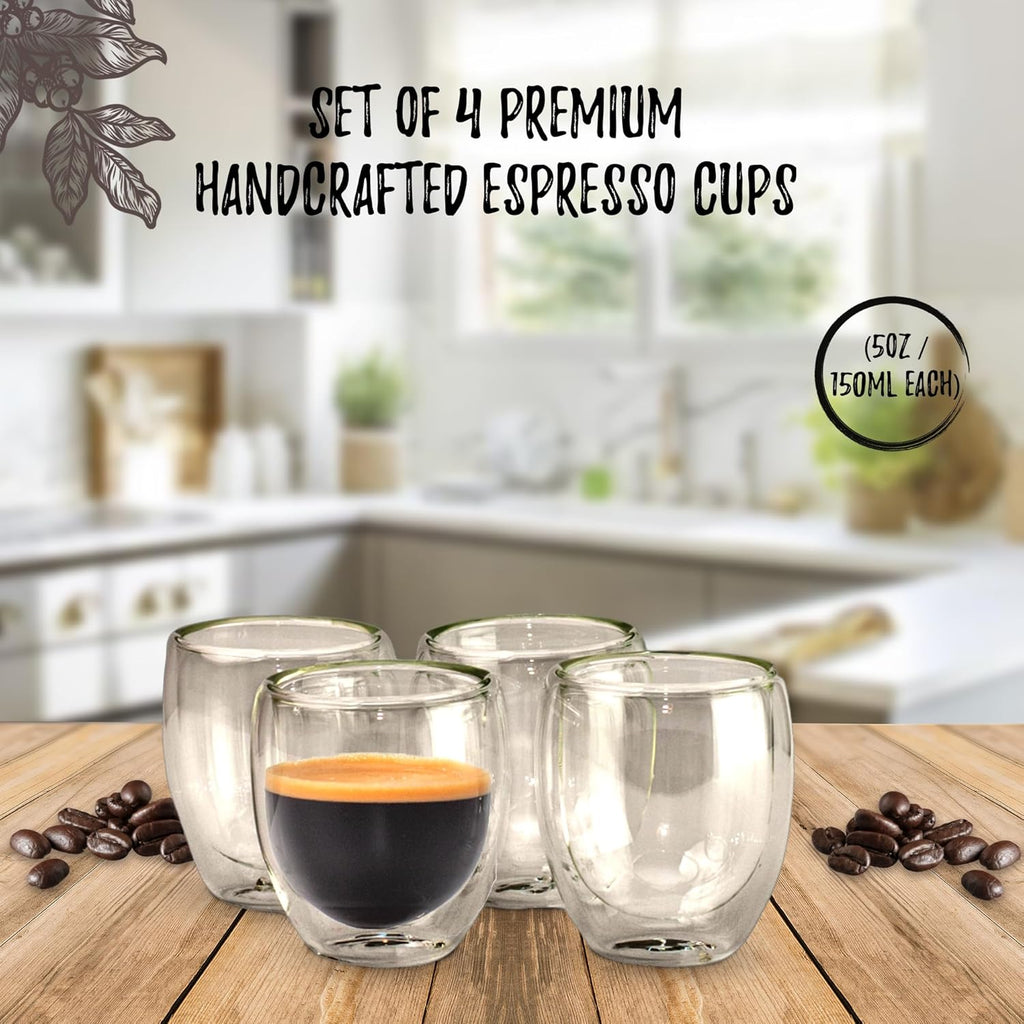 Bacimi® Double Wall Insulated Coffee Mugs (Set of 4 / 5oz) - Clear Borosilicate Cups - Thermal Drinking Cups for Espresso, Cappuccino, Latte, Tea, Hot Beverage, Wine - Microwave Safe