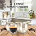 Bacimi® Double Wall Insulated Coffee Mugs (Set of 4 / 5oz) - Clear Borosilicate Cups - Thermal Drinking Cups for Espresso, Cappuccino, Latte, Tea, Hot Beverage, Wine - Microwave Safe