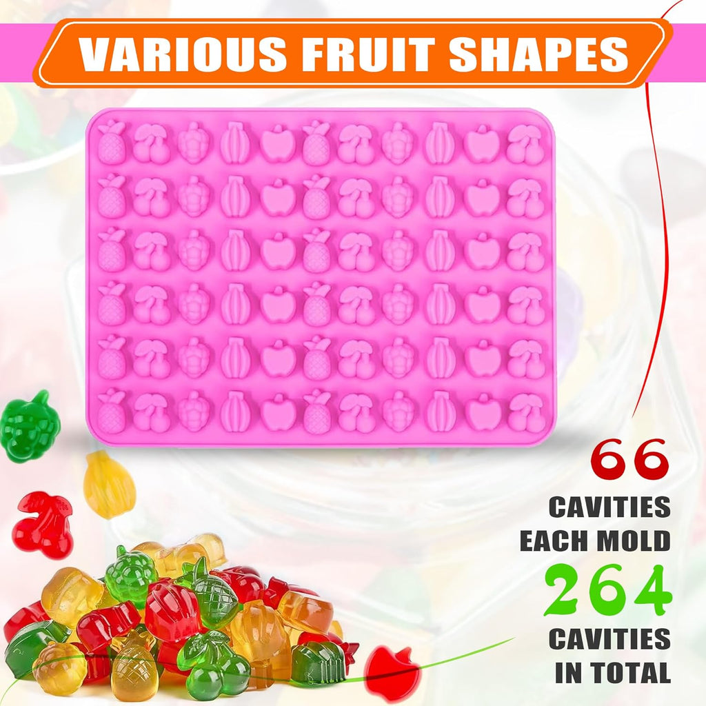 Set of 8 Fruit Snack Molds Silicone Bpa Free, Gummy Molds Trays for Candy Chocolate Gummies Baking - with 2 Dropper & 2 Cleaning Brush(Cherries Grape Banana Apple Pineapple)
