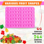 Set of 8 Fruit Snack Molds Silicone Bpa Free, Gummy Molds Trays for Candy Chocolate Gummies Baking - with 2 Dropper & 2 Cleaning Brush(Cherries Grape Banana Apple Pineapple)