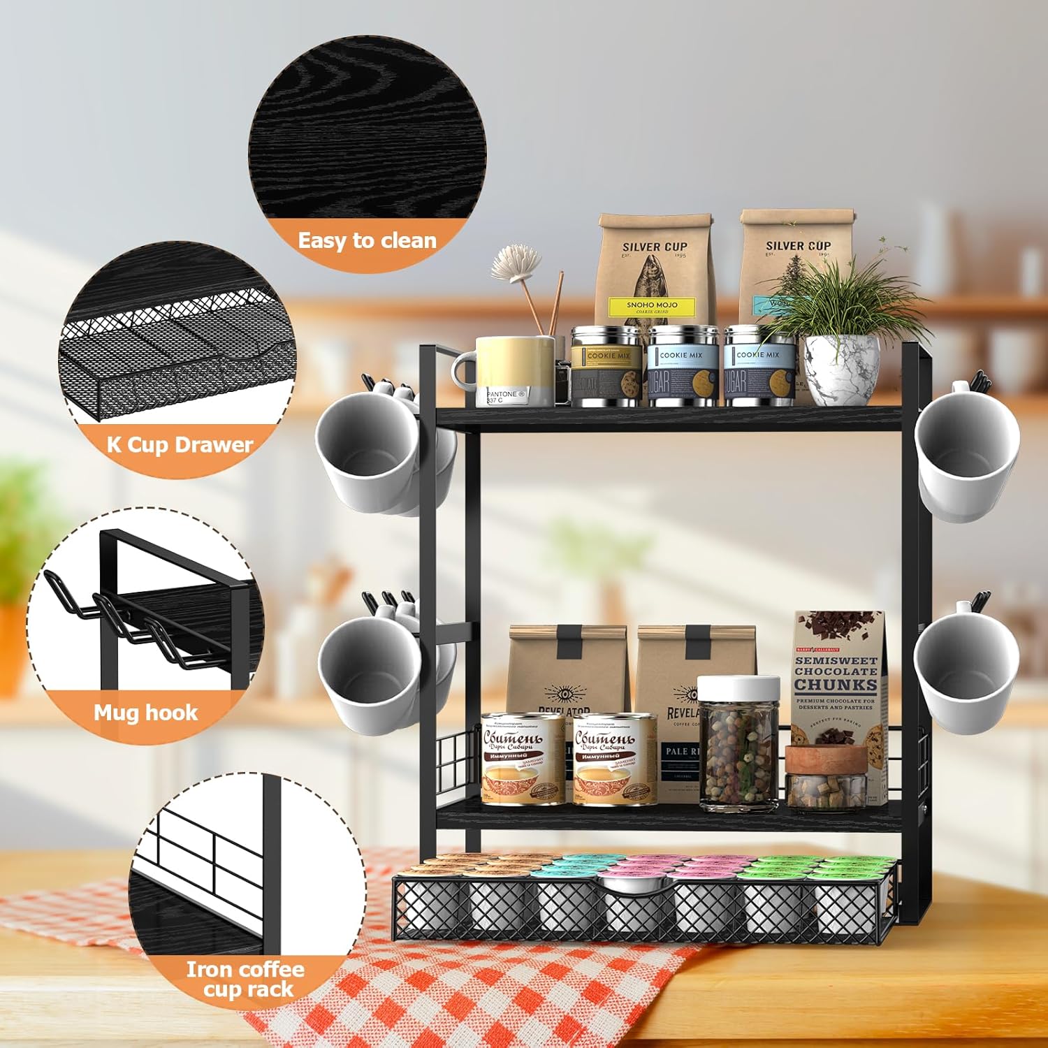 Coffee Bar Organizer, 3 Tier Station for Countertop, Mug Cup Holder Stand With 28 K Cup Storage and 12 Hooks for Kitchen, Home & Office, Black