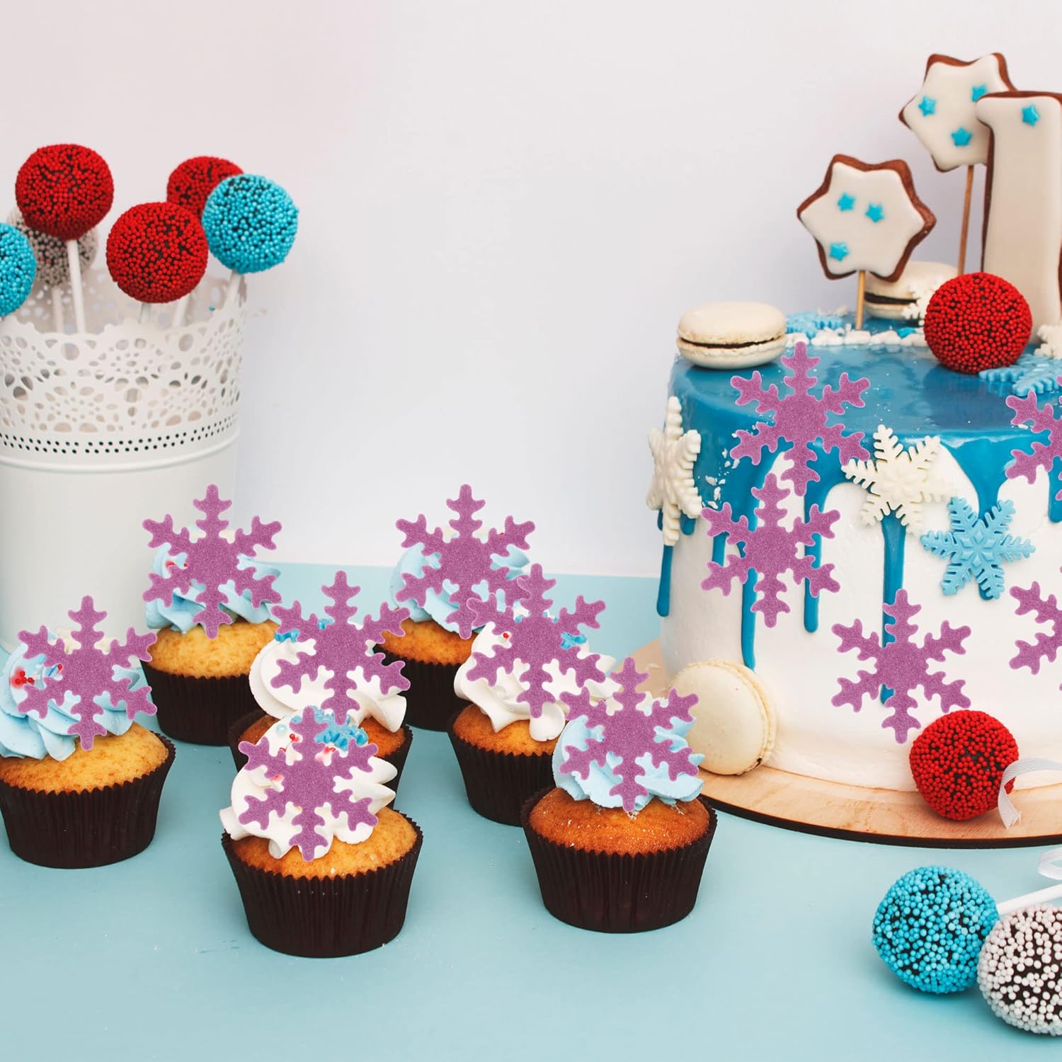 Gyufise 50Pcs Purple Edible Cupcake Toppers Snowflakes Cake Toppers Snowflakes Cake Decoration Winter Frozen Birthday Party Supplies