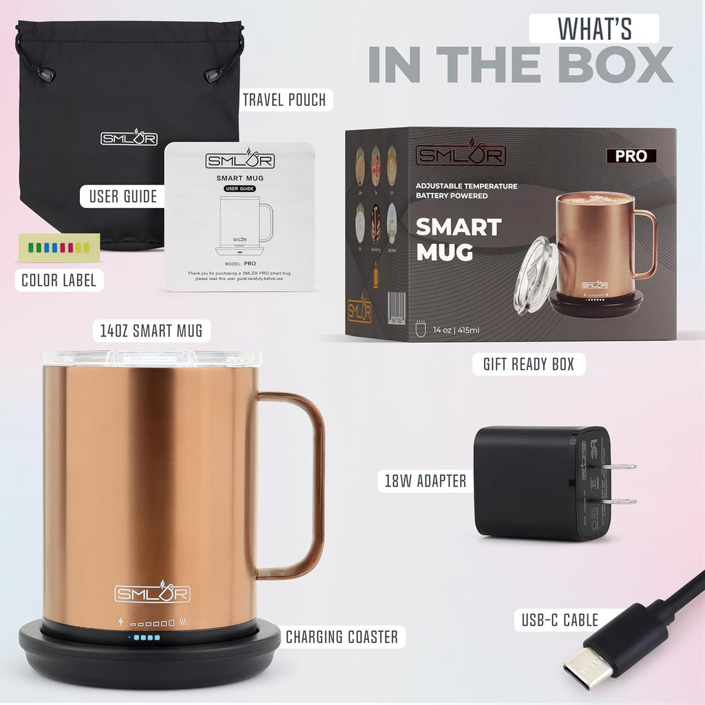 SMLDR Pro Heated Mug, 14 oz Smart Mug, Self-Heating, Adjustable Temperature, Battery Powered Heated Coffee Mug, Quick Recharge Time, Great for Coffee & Tea, Excellent Gift (Rose Gold)