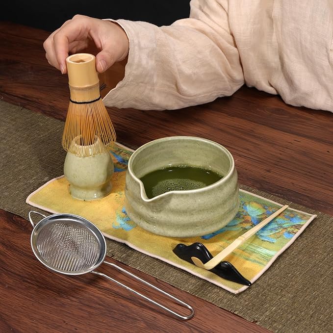 7 Pcs Matcha Whisk Set, Matcha Bowl with Spout, Matcha Whisk and Holder, Bamboo Scoop with Holder, Stainless Sifter and Tea Towel, Japanese Matcha Ceremony Set for Authentic Tea Powder & Home Rituals
