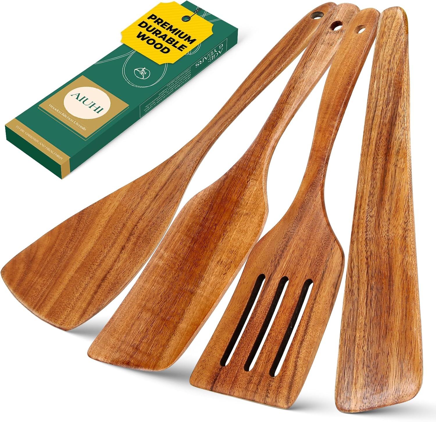 AIUHI Wooden Spatula for Cooking, Premium Teak Wood Cooking Utensils, NonStick Kitchen Utensils Set of 4 Contain Paddle, Turner Spatula, Slotted Spatula and Wood Scraper