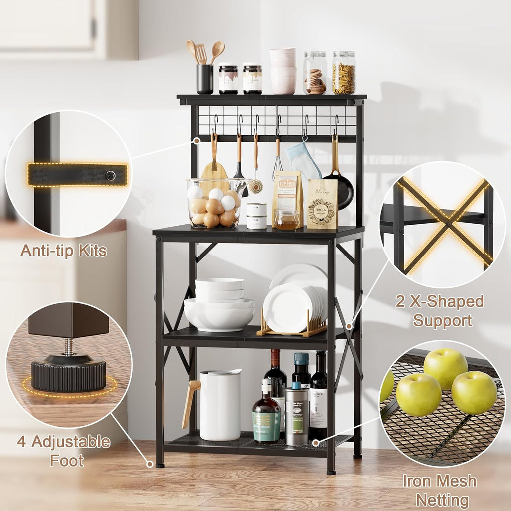 Furologee Kitchen Bakers Rack with Hutch, Coffee Bar Station 4 Tiers, Microwave Oven Stand with 6 S Hooks and Pegboard, Kitchen Microwave Rack for Spice Organizer Workstation, Black
