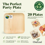 Chic Leaf Palm Leaf Disposable Bamboo Plates – Square, Biodegradable & Compostable Party Plates for Weddings, Parties & Events - Disposable Platter (10", 20 Pack)