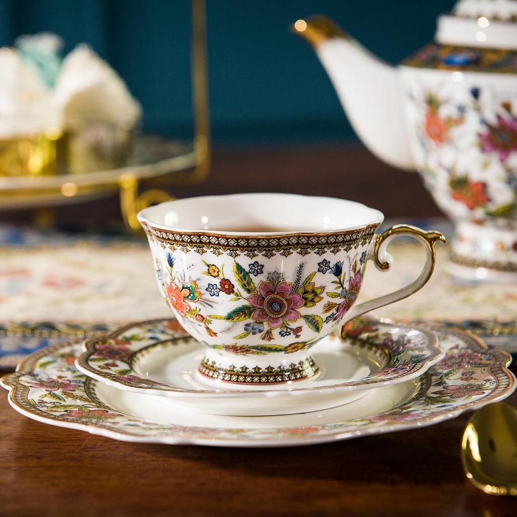 ACMLIFE Bone China Tea Cup and Saucer Set for 1, Vintage Floral Tea Cup with Saucer, Spoon and Gift Box, 6.8 oz (Pink-A)