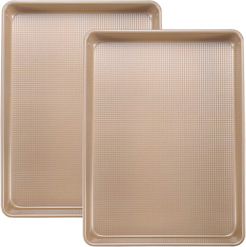 2 Pack Jelly Roll Pan 15x10 Inch, Diamond Texture Nonstick Cookie Sheet, 0.8mm Thick Heavy Duty Steel Baking Tray, Commercial Gold Baking Pans