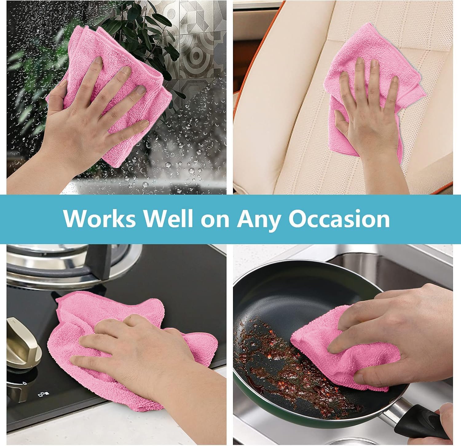HOMEXCEL Pink Microfiber Cleaning Cloth, 50 Pack Cleaning Towels for Kitchen, Lint Free, Scratch-Free, Highly Absorbent, and Reusable Cleaning Rags for House, Window and Glass, Cars, 11.5 X11.5 inch