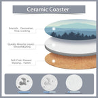 Drink Coasters Set of 6 with Holder,Misty Forest Mountains and Birds Absorbent Ceramic Coasters with Cork Base,Fit All Cups,Tabletop Protection Mat for Mugs and Cups,Office,Kitchen