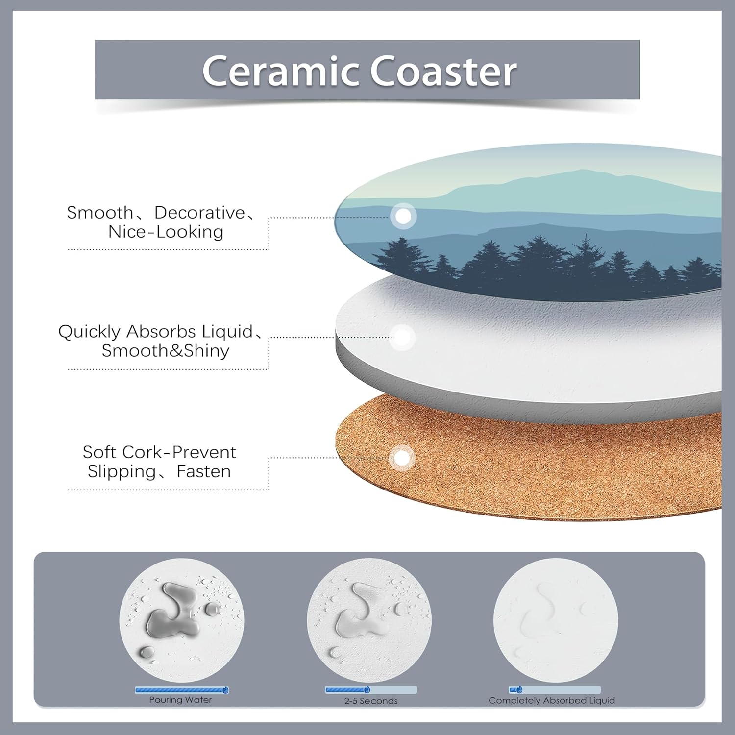 Drink Coasters Set of 6 with Holder,Misty Forest Mountains and Birds Absorbent Ceramic Coasters with Cork Base,Fit All Cups,Tabletop Protection Mat for Mugs and Cups,Office,Kitchen