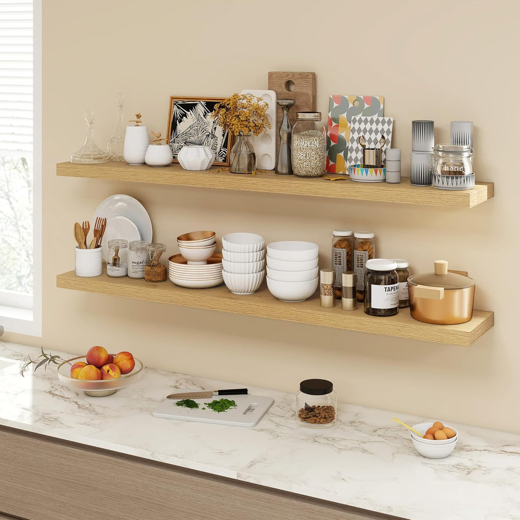 55 Inch Floating Shelves, 9.3" Deep Floating Shelf Wall Mounted, 56" Wall Shelves, Rustic Deep Bookshelf, Large Display Shelves & Storage Shelves for Bedroom, Living Room, Oak, Set of 1