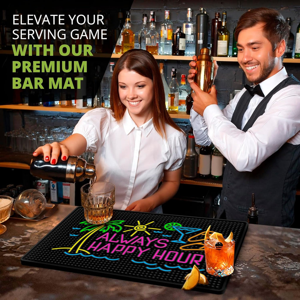 Premium Quality Always Happy Hour Bar Mat, Tiki Bar Mat for Bartending 18x12, Outdoor Tiki Bar Decor, Durable Bar Mats for Countertop, Drying Mat for Home Bar, Perfect Home Bar Accessories Xmas Gift