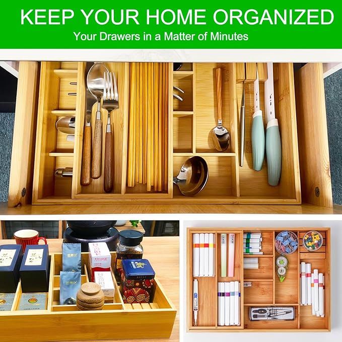 Double Layer Bamboo Kitchen Drawer Organizer Cutlery Utensil Silverware Drawer Organizer, Silverware Tray for Drawer Removable Utensil Holder Flatware Organizer Multi-use Storage Box (L)