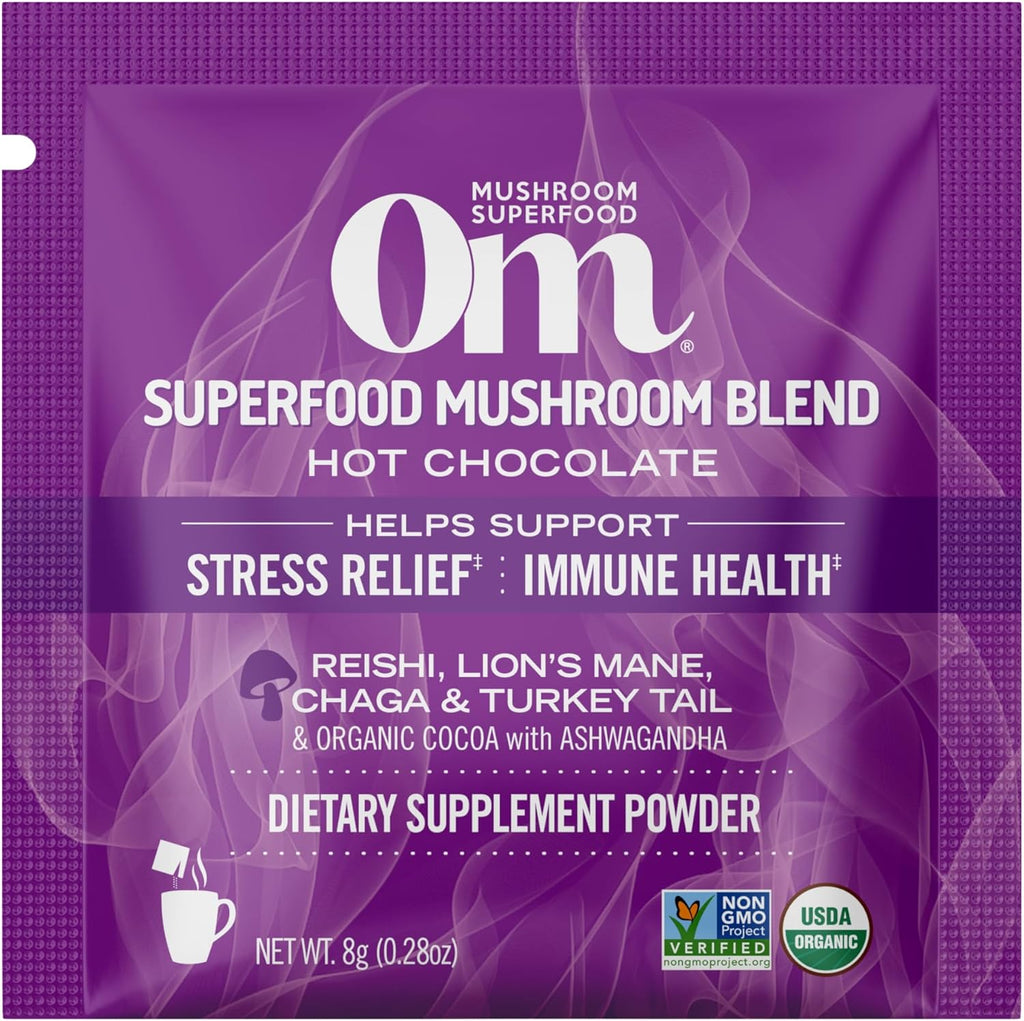 OM MUSHROOM SUPERFOOD Hot Chocolate Blend Mushroom Powder, Single Serve, 10 Count, Dutch Cocoa, 2g of Sugar, 25 Calories, Lion's Mane, Reishi, Chaga, Turkey Tail, Focus and Stress Support