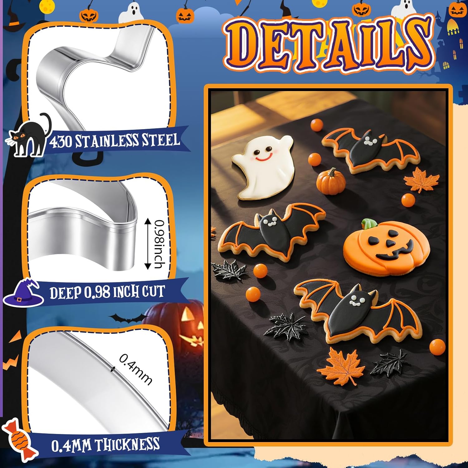 3 Pcs Large Halloween Cookie Cutters Set 7.5 Inch Extra Large Pumpkin Bat Ghost Shapes Stainless Steel Metal Giant Cookie Cutters Molds for Halloween Day Baking Party Kitchen Accessories