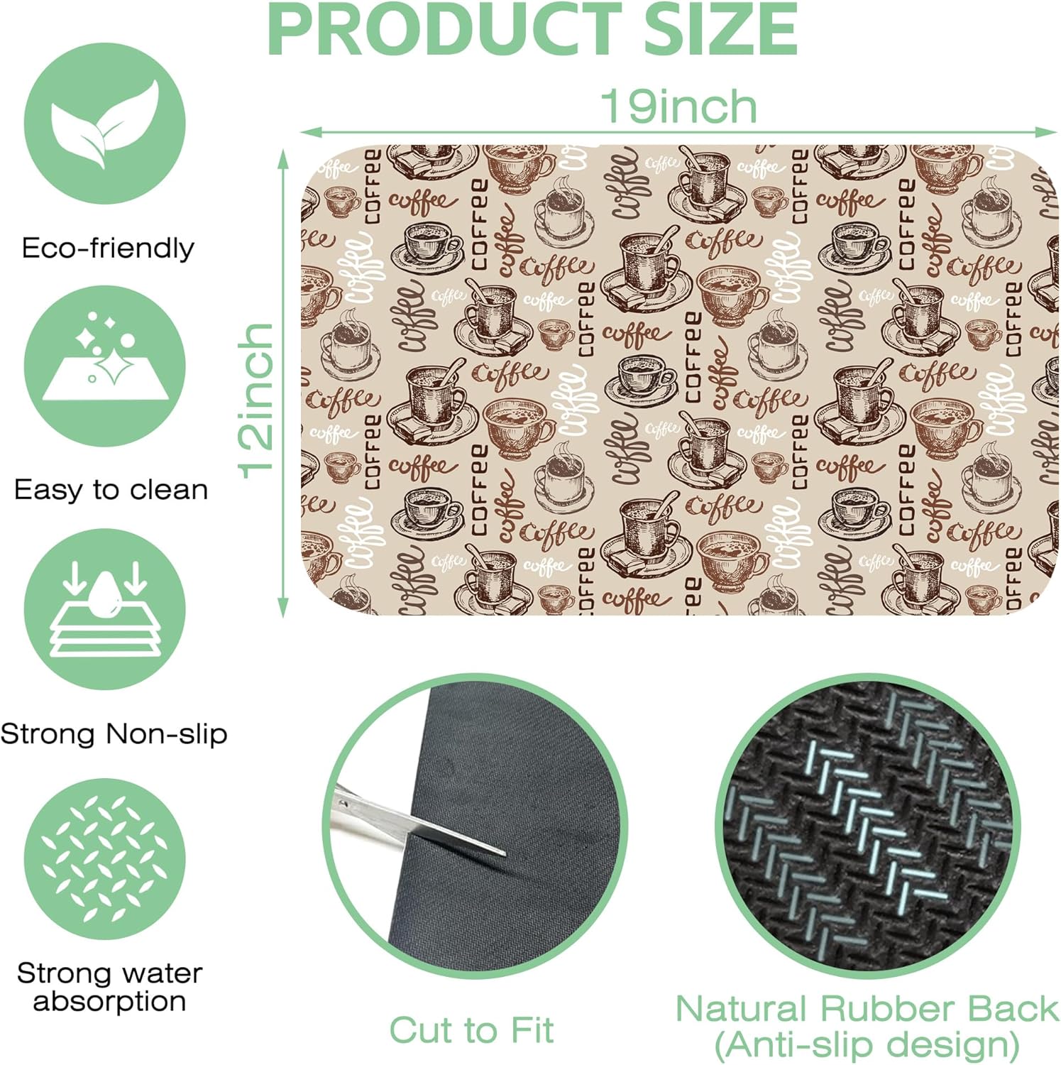 Doodle Coffee Cup Dish Drying Mat,12"X19" Absorbent Fast Dish Drying Mat for Kitchen Counter Pot and Pan, Kitchen Accessories