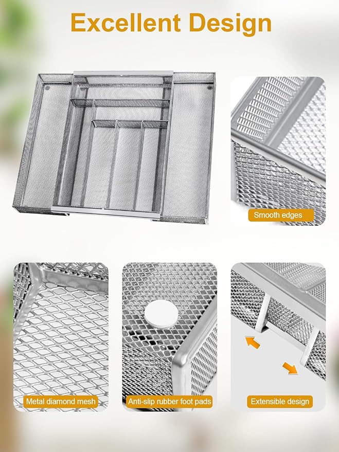 Silverware Organizer Metal Mesh, Large Drawer Organizer, Utensil Cutlery Tray for kitchen drawers, Expandable Flatware Organizer with 8 Compartment Silver 11.6"~20" x 17.3"