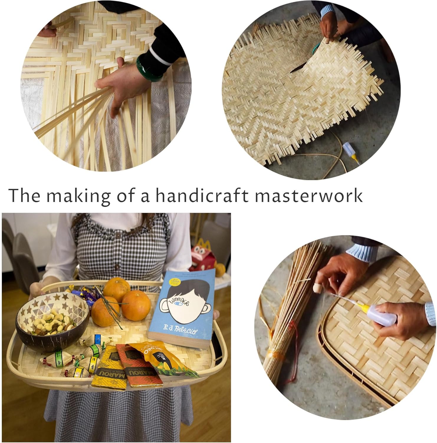 PEMAR Set of 6 Bamboo Wicker Serving Trays for Foods and Drinks, Rectangular Lap Trays for Breakfast. Decorative Bamboo Wood Basket Platters for Coffee Table, Picnic, Bed Eating