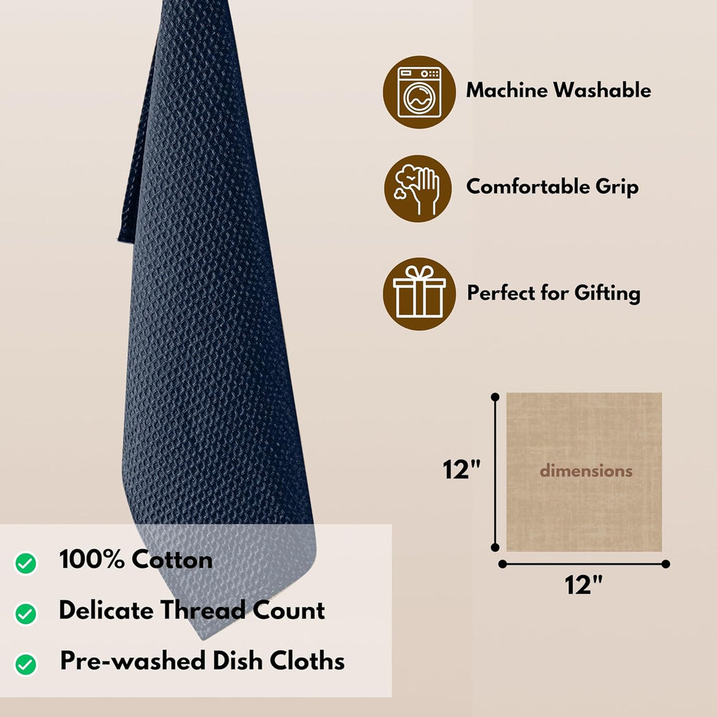 Native Fab Waffle 18 Pack Dish Cloths Set - 100% Cotton, 12"x12", Absorbent, Quick Dry, Washable Towels for Cleaning, Cooking & Drying Dishes - Great for Home, Restaurants, Cafes, Bars - Navy Blue