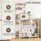 Huuger 31.5 Inch Bakers Rack with Power Outlets, Kitchen Microwave Stand with Storage, Coffee Bar with 4 Hooks, 3-Level Height Open Shelves, White