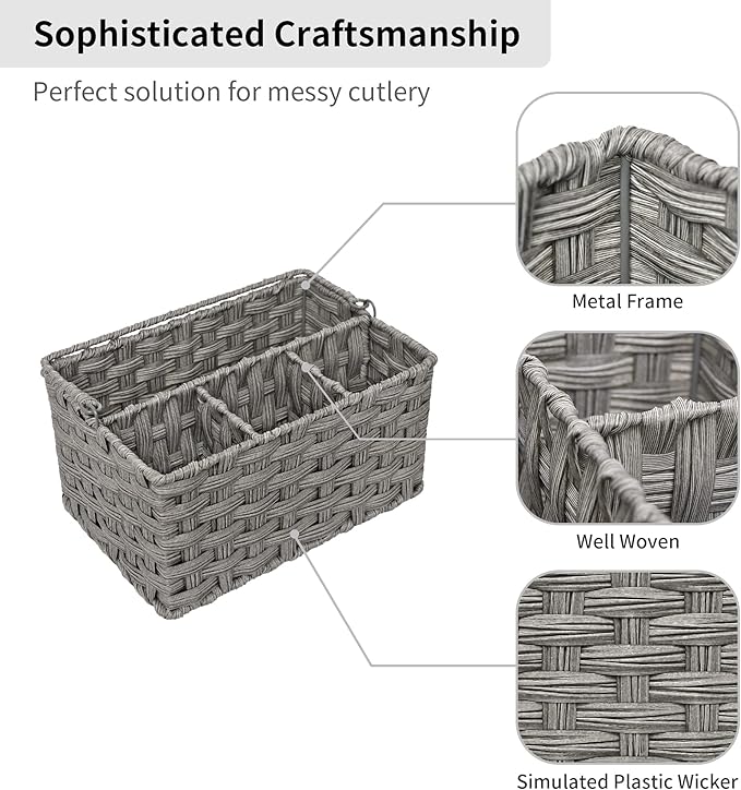 GRANNY SAYS Wicker Utensil Caddy - Picnic Basket with Handle, Organizer for Kitchen Table or Cabinet, Silverware Holder for Parties
