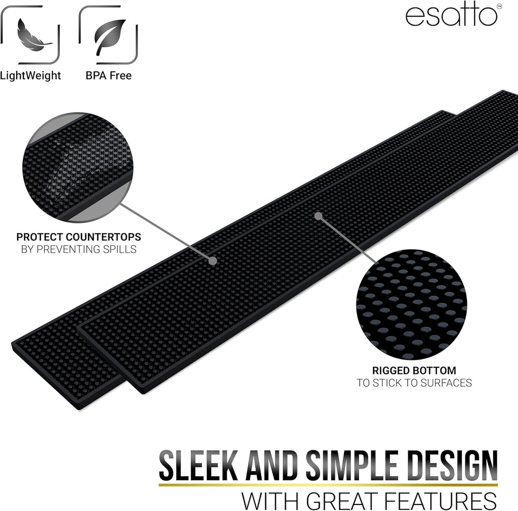 Esatto 27.5” x 3.87” XL Professional Service Spill Bar Supply Mat Anti-Skid Bartender Mat Non-Slip Black Bar Mat for Coffee Drinks Mixing Pad for Bars, Home, Kitchen, Pubs, Restaurants (2 Pack, Black)