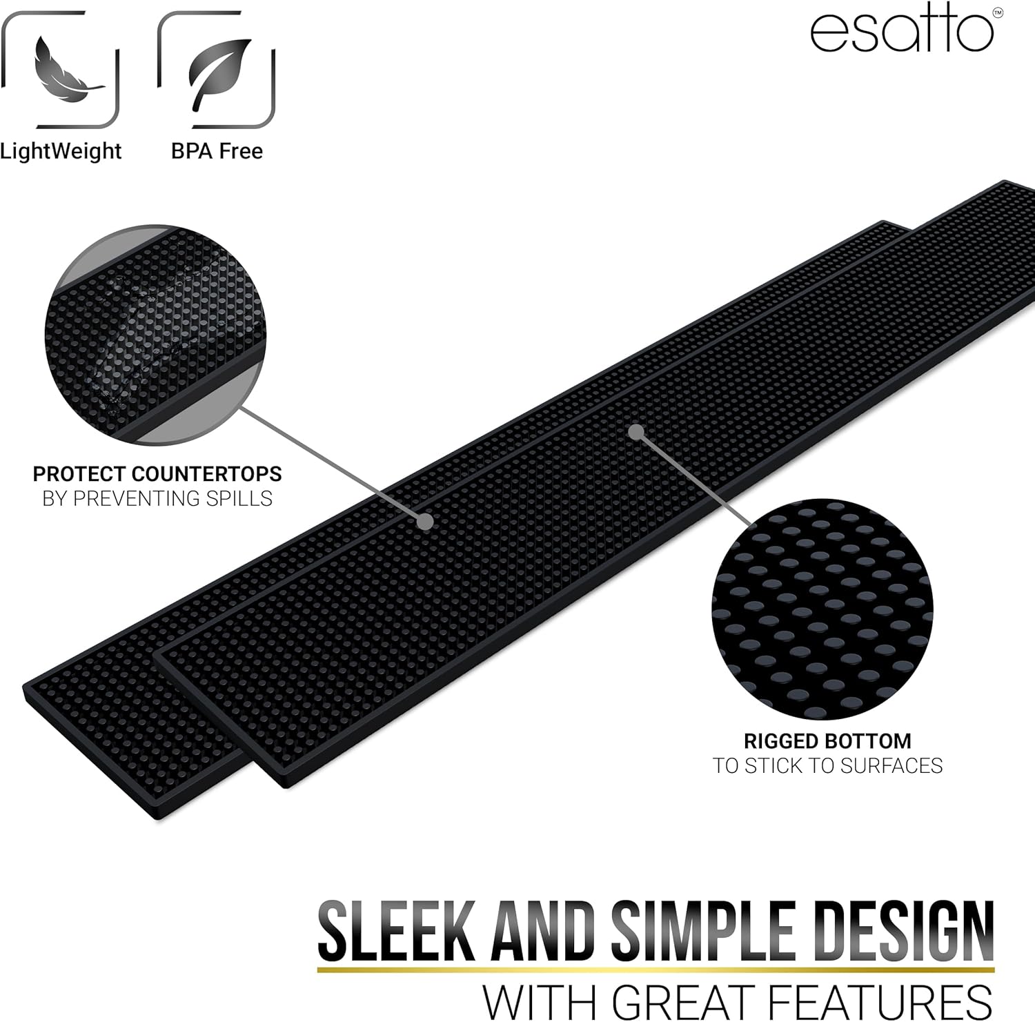Esatto 27.5” x 3.87” XL Professional Service Spill Bar Supply Mat Anti-Skid Bartender Mat Non-Slip Black Bar Mat for Coffee Drinks Mixing Pad for Bars, Home, Kitchen, Pubs, Restaurants (2 Pack, Black)