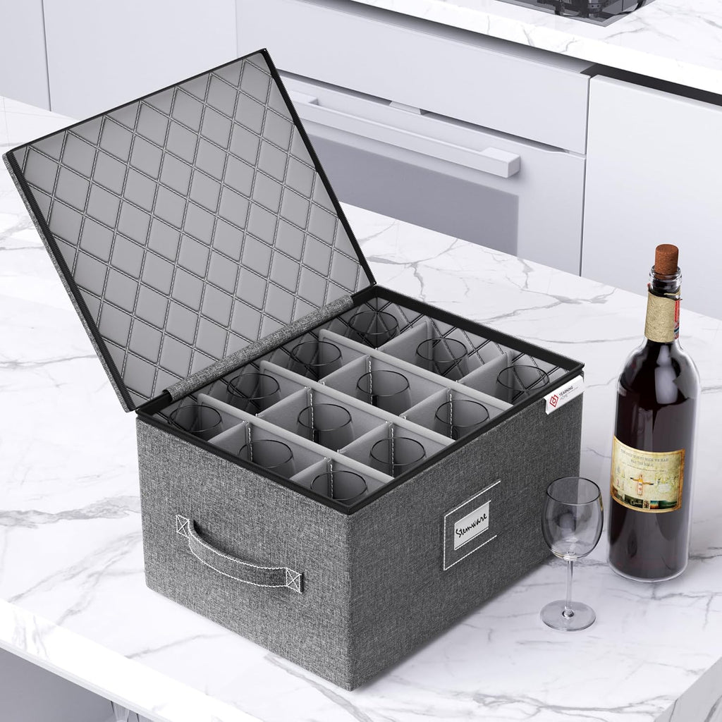 YearningHome Wine Glass Storage Box with Dividers,Hard Shell and Stackable Stemware Storage Containers with Sturdy Handle for Glassware Crystal Storage and Transport,Grey,Holds 12