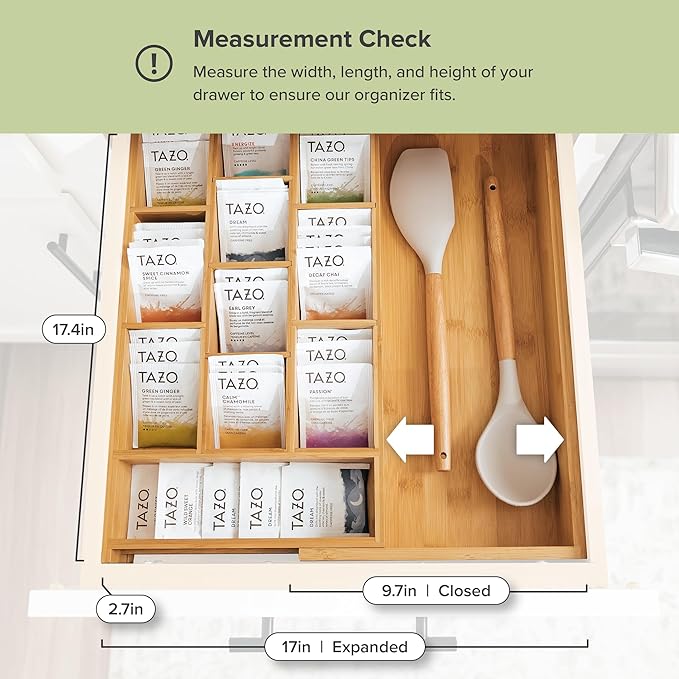 KitchenEdge Tea Bag and Coffee Pod Kitchen Drawer Organizer, Expandable 9.7 to 17 Inches, 10 Accessory Compartments with Adjustable Wall Inserts, Non-Slip Rubber Feet, 100% Sustainable Bamboo Wood