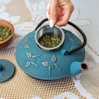 7PC Japanese Tea Set. "Blue Butterfly" Cast Iron Tea Pot with 2 Tea Cups, 2 Saucers, Tea Infuser and Teapot Trivet. Ceremonial Matcha Accessories