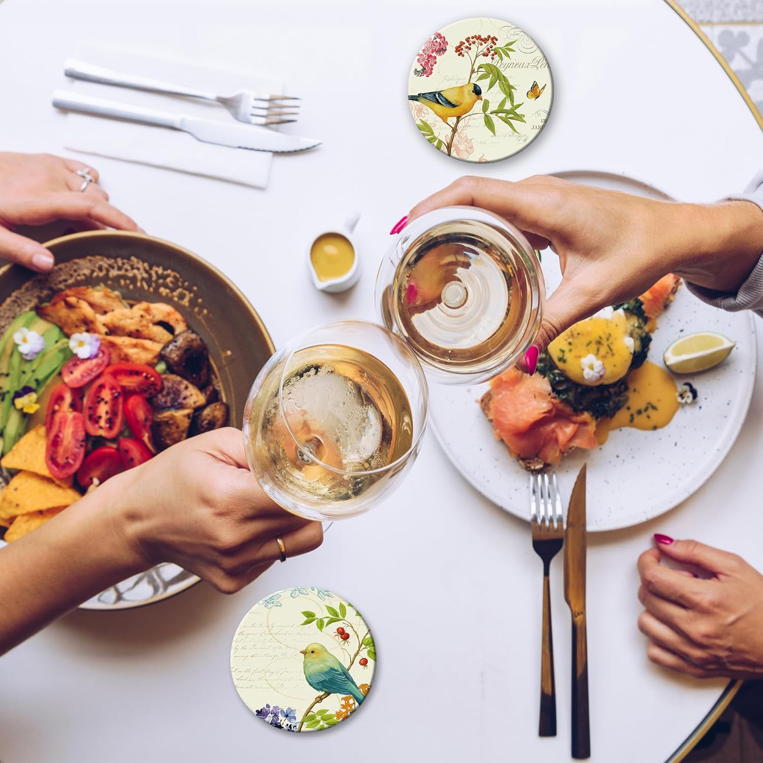 Coaster for Drinks Set of 6, Vintage Watercolor Bird Flower Absorbing Round Ceramic Stone Coaster with Cork Base,Tabletop Protection Mat for Mugs and Cups,Coffee Table Wine Glass Home Bar 4 Inch