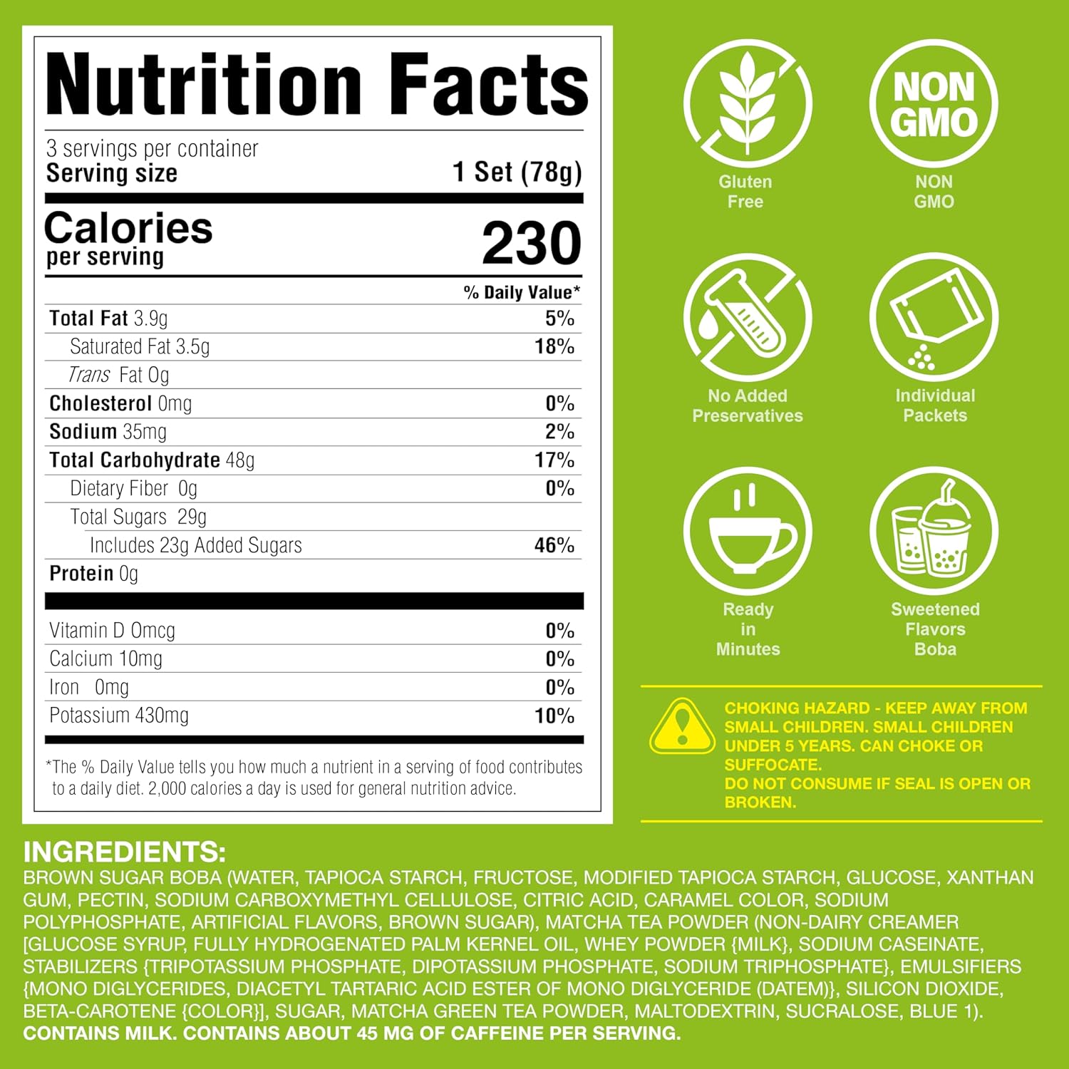 J WAY Instant Boba Bubble Pearl Matcha Milk Tea Kit with Authentic Brown Sugar Tapioca Boba, Ready in Under One Minute, Paper Straws Included - 3 Servings