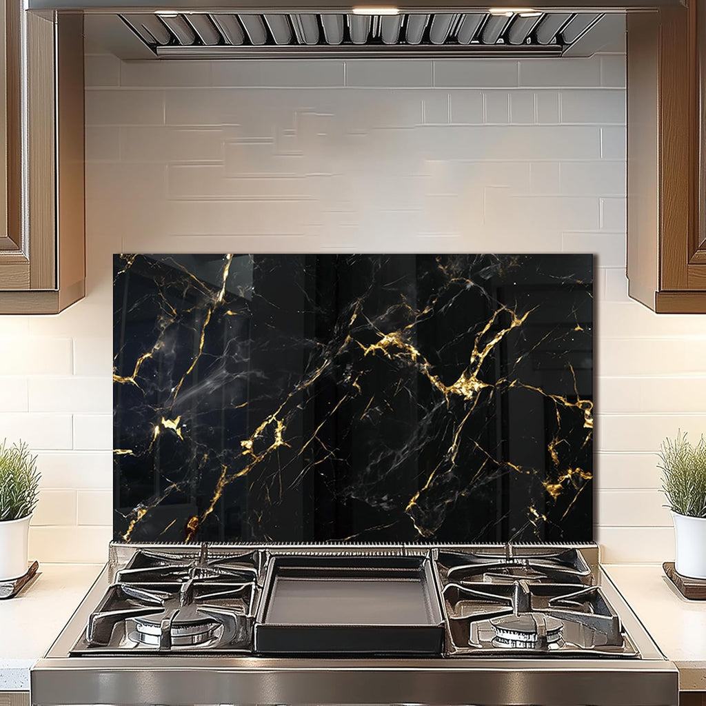 DAIFURONGE Tempered Glass Backsplash For Kitchen Behind Stove,Black Marbling Stove Backsplash Top Cover,Easy to Clean Glass Splashback, Sink Cover Splash Guard,Home Kitchen Wall Decor (30"x18"(76.2x45.72cm))