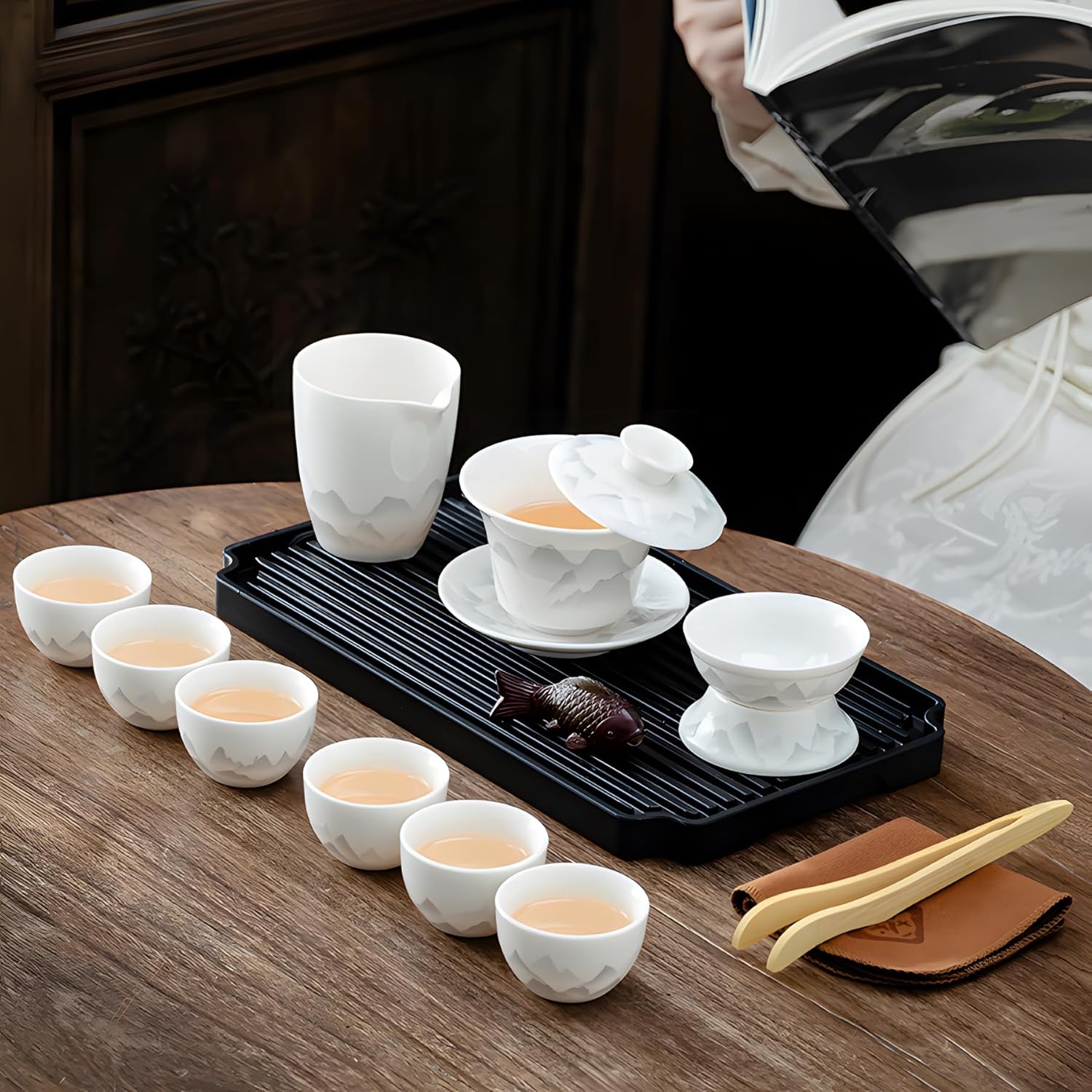 ICHAG Chinese Tea Set, Gongfu Tea Sets for Adults, China Gaiwan Teaset, 14-Piece Yangzhi Jade (茶具) Porcelain Set with Suspended Gaiwan & Tea Pet, Portable Travel Teaset for Home, Outdoor, Office Gifts