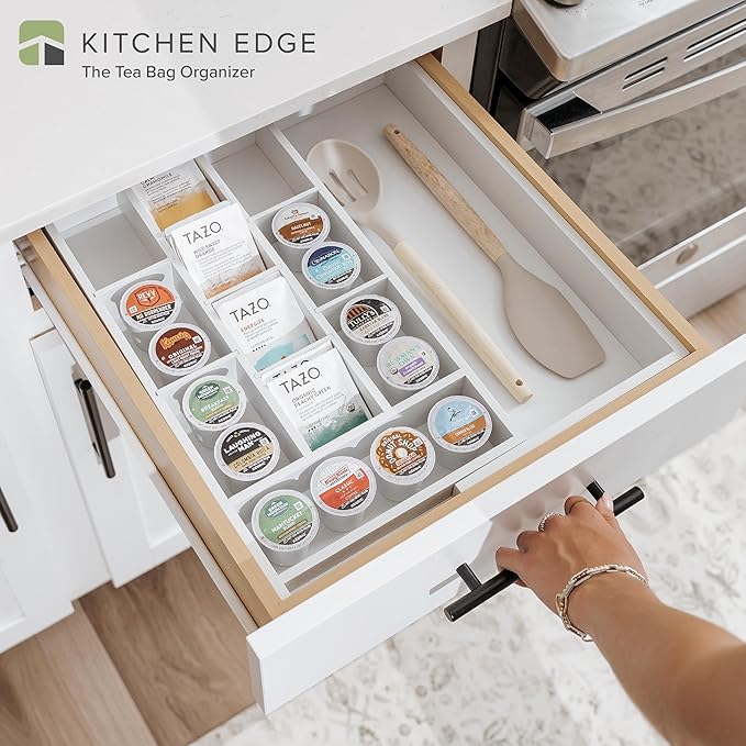 KitchenEdge Tea Bag and Coffee Pod Kitchen Drawer Organizer, Expandable 9.7 to 17 Inches, 10 Storage Compartments, Adjustable Wall Inserts, Non-Slip Feet, Food-Safe White Finish, 100% Bamboo Wood