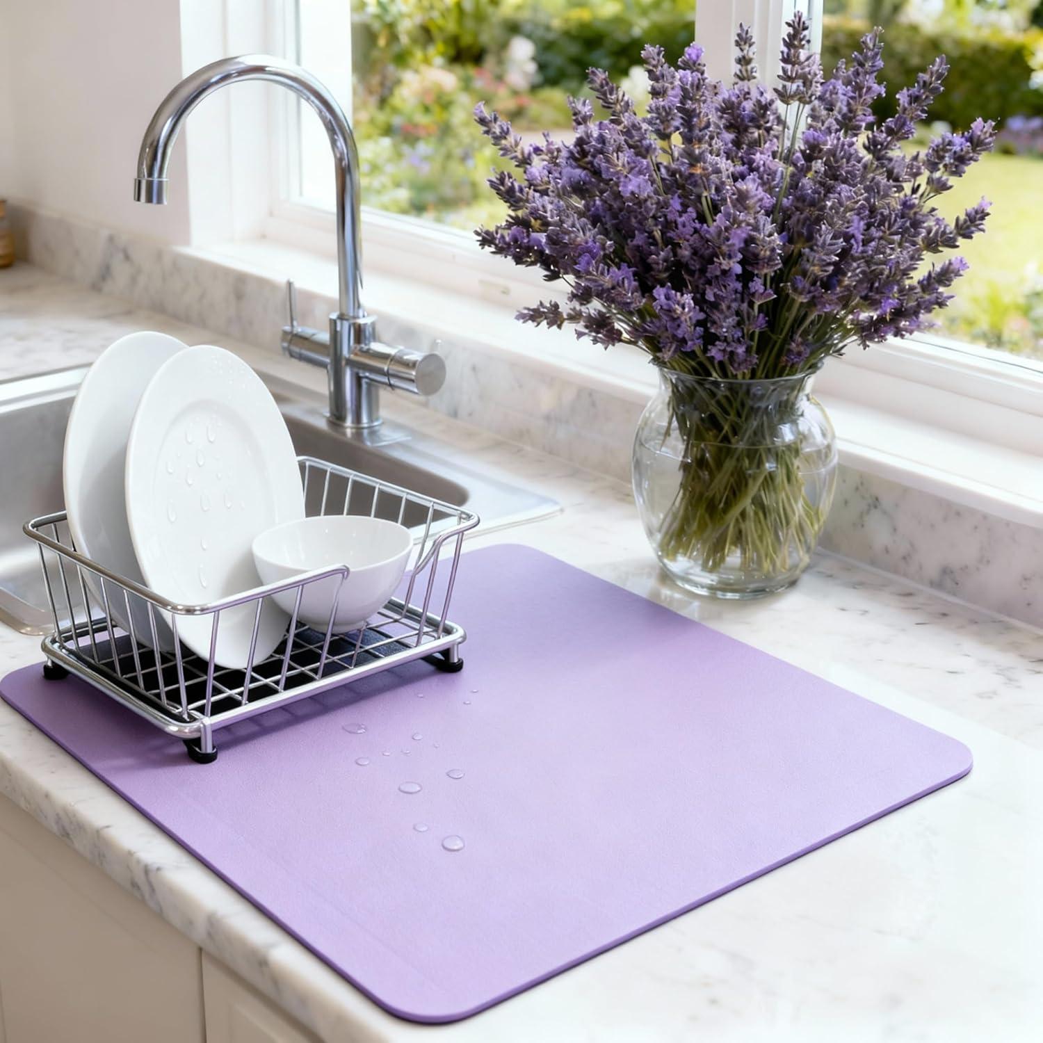 Dish Drying Mat Super Absorbent – 16" x 18" Coffee Mat for Countertops – Non-Slip Drying Mat for Kitchen Counter – Easy to Clean Water Absorbent Mat – Large Dish Drying Mats (Lavender)