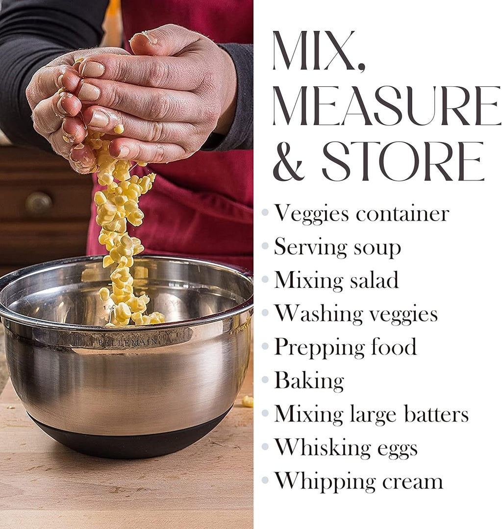 Bellemain Stainless Steel Non-Slip Mixing Bowls with Lids (5 Piece, Silver/Black)