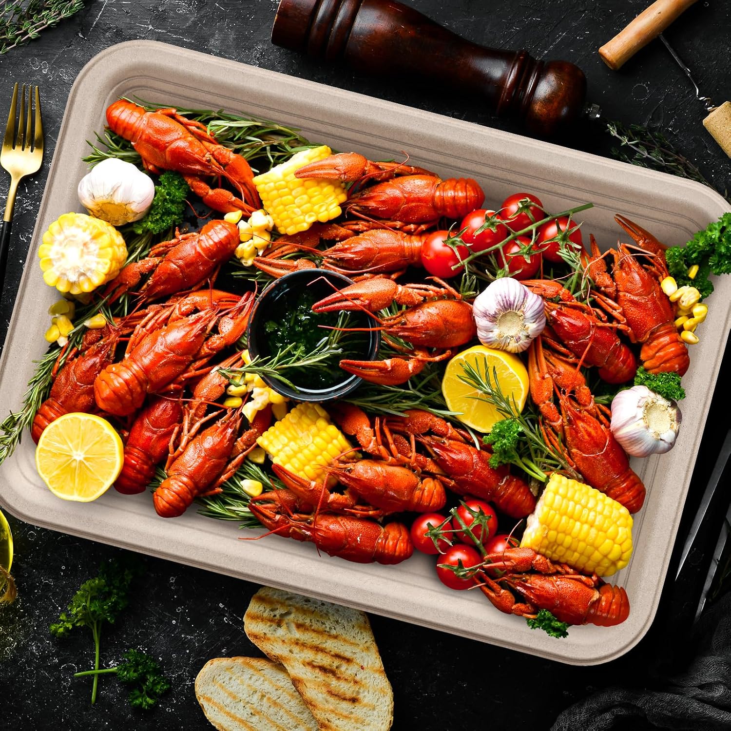 ECOLipak 100 Pack 14 Inch Disposable Food Crawfish Trays, Compostable Large Paper Plates, Disposable Thanksgiving Trays for Serving Food, Turkey, BBQ, Seafood Boil Party Supplies(Nature)