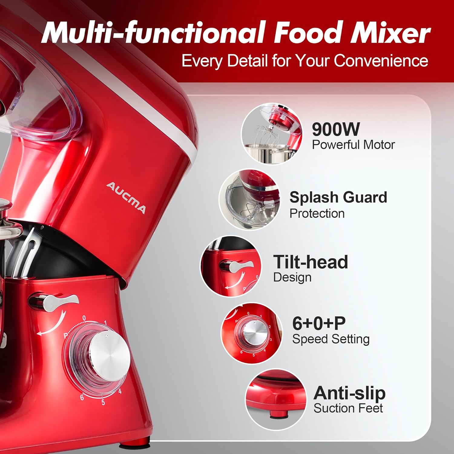 Aucma Stand Mixer, 900W 8QT Large Kitchen Mixer, Kitchen Electric Mixers with Dough Hook, Wire Whip & Beater (Red, 8QT)