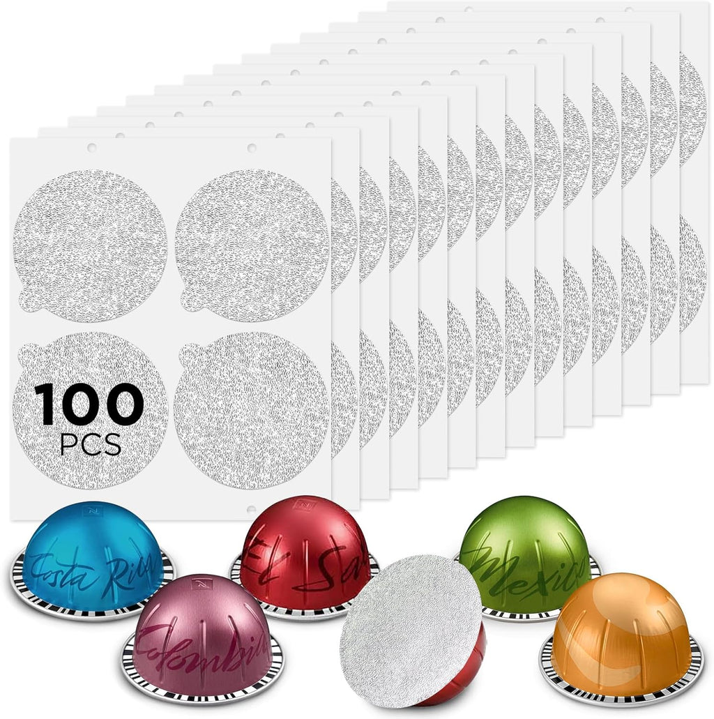 CAPMESSO Aluminum Foils Lids for Vertuo Reusable Pods,Compatible for Refillable Vertuo Pods, 100pcs Coffee Pods Foil Seals Covers(100/package)