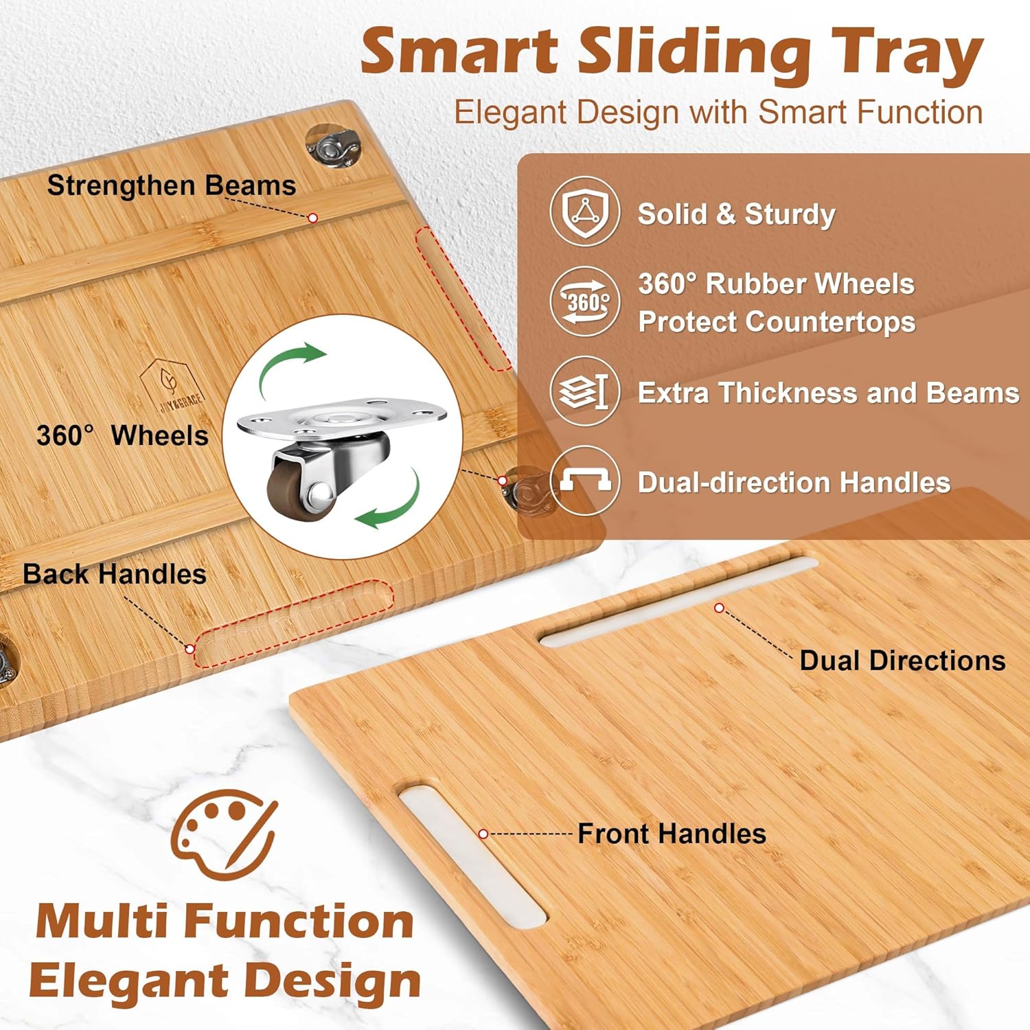 Joy&Grace Appliance Slider for Kitchen Appliances 360° Rolling Sliding Tray for Coffee Maker Countertop, Bamboo Coffee Pot Slider Rolling Tray (Natural, Large 16"x13")