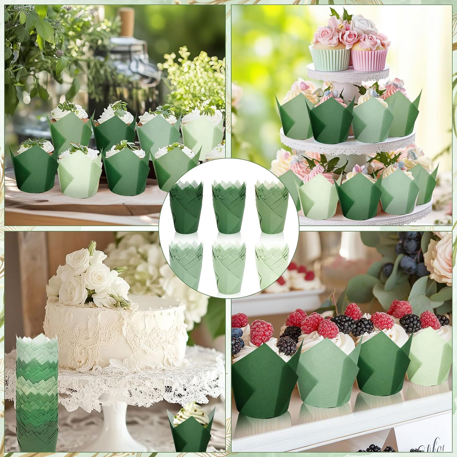 180Pcs Sage Green Tulip Cupcake Liners Gradient Green Muffin Baking Cups Cupcake Wrappers for Wedding Bridal Shower Spring Holiday Party Supplies