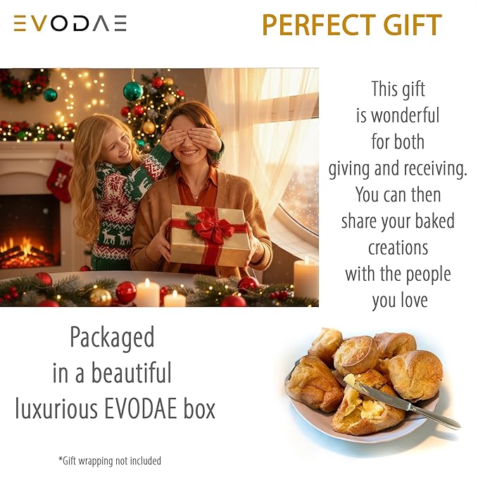 EVODAE® Popover Pans in Holiday Gift Box – Set of 2, 12 Cup (2x6) Nonstick Pro-Grade Carbon Steel Bakeware – Strong Built Metallic Cups – PFOA & PTFE Free – Great Gift for Bakers & Holiday Meals