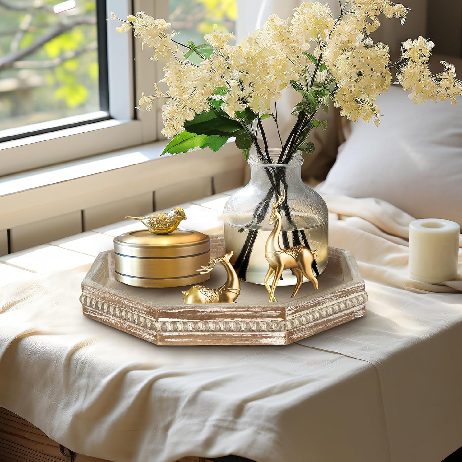 MAONAME Wood Serving Tray,Farmhouse Wooden Tray with Beads, Washed White Octagonal Serving Tray，Coffee Table Tray for Living Room, Kitchen, 12" X 12" X 1.6"