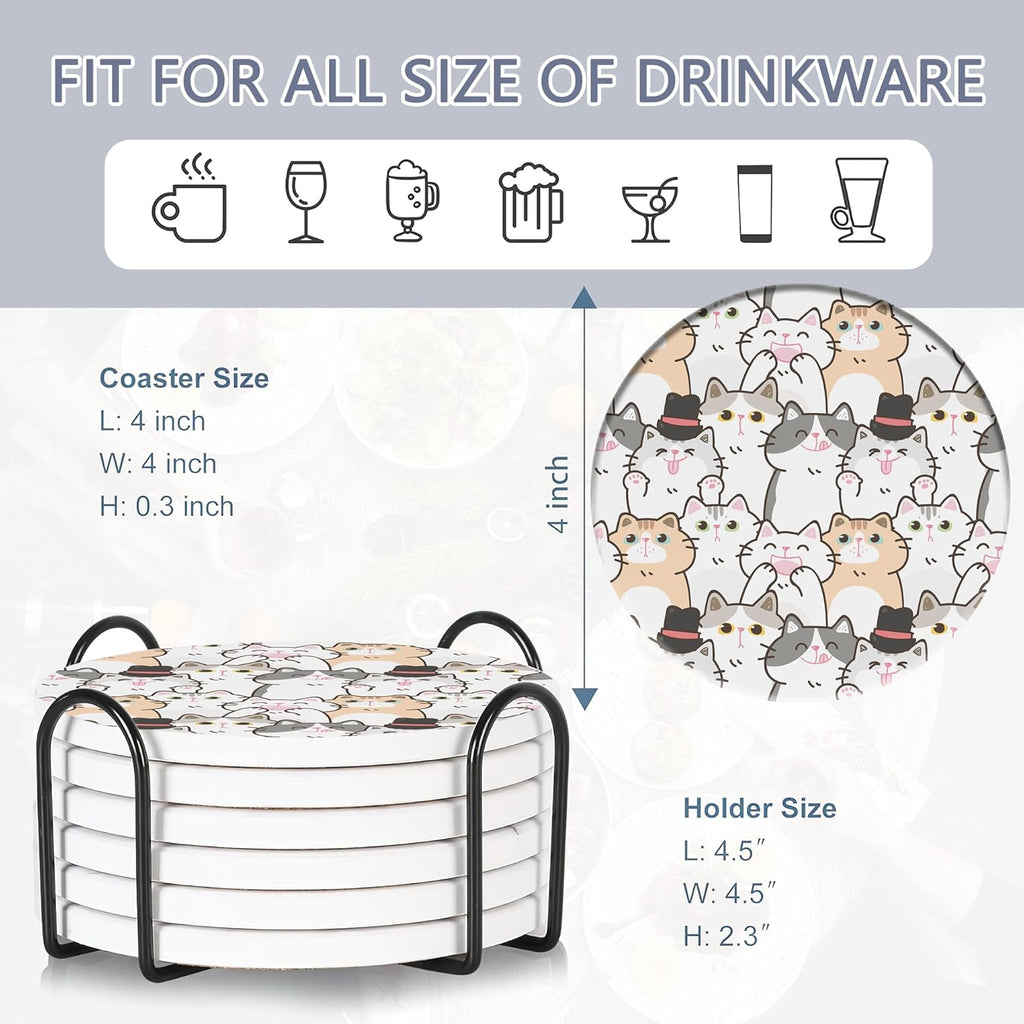 Drink Coasters Set of 6 with Holder, Cute Cats Absorbent Ceramic Coasters with Cork Base,Fit All Cups,Great Gift for Housewarming,Room Decor,Bar,Holiday Party